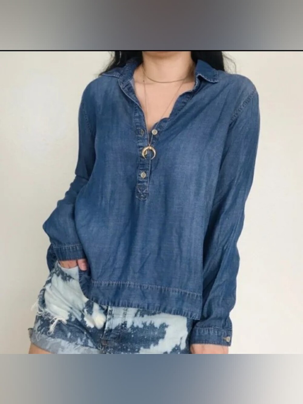 Cloth & Stone Chambray Popover Blouse Boxy Fit Long Sleeve Top Size S